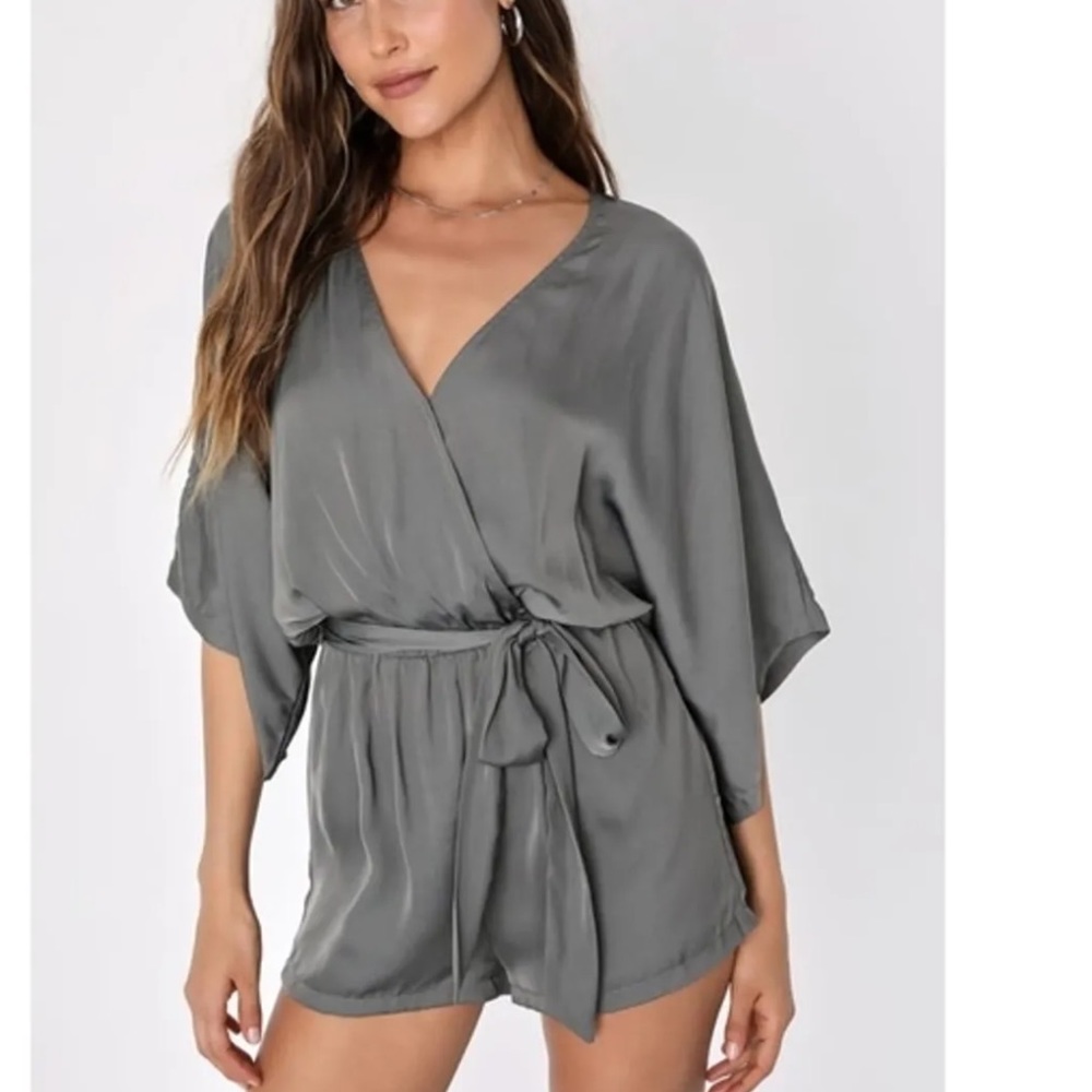 lulus ain’t it grand olive green satin surplice romper